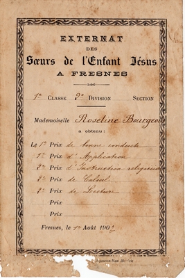 Prix attribué à Roseline Bourgeois en 1907